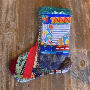 Christmas Stocking Quilted Patchwork Fabric Train Travel NEW 15” Handmade